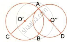 The image displays two intersecting circles with centers $O'$ and $O''$, intersection points $A$ and $B$, and line segments passing through the centers to points $C$ and $D$. It illustrates geometric theorems involving intersecting circles, common chords, and line segments related to circle centers.