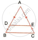 The image displays a triangle ABC with an internal line segment DE connecting sides AB and AC, featuring equal hash marks indicating segment midpoints. It illustrates the Midpoint Theorem and basic proportionality for analyzing segment ratios and triangle similarity.