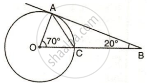The image displays a circle with center O, a radius segment OA, a tangent line touching the circle at point A, a secant line segment extending from an external point B through point C and center O, chord AC, and angle measurements of 70&deg; at the center vertex O and 20&deg; at the external vertex B.