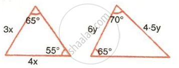 The image displays two triangles positioned side-by-side with labeled side lengths and angle measures. It features a left triangle with sides $3x$ and $4x$ alongside a right triangle with sides $6y$ and $4.5y$ for triangle similarity and proportion calculations.