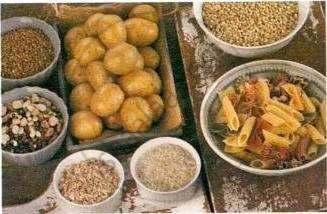 The image displays an educational photograph of various carbohydrate-rich food items, including potatoes, bowls of grains, beans, and pasta.