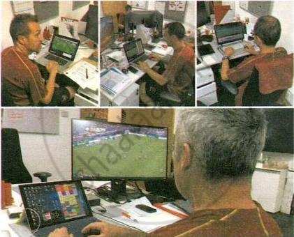 The image displays an educational composite photograph of a person working at an office desk with laptops and multiple monitors analyzing sports match footage.