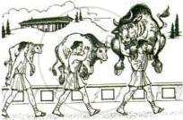 The image displays a classic mythological illustration depicting Milo of Croton progressively carrying a growing bull across his shoulders over time to build his strength.