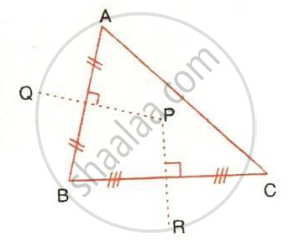 The image displays a triangle $ABC$, dotted perpendicular bisector lines $PQ$ and $PR$ intersecting sides $AB$ and $BC$ with right-angle symbols and hash marks indicating equal segment lengths.