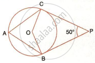 The image displays a circle with center O, radius segments OC and OB, chords AC and AB, tangent line segments extending from an external point P and touching the circle at points C and B, and an angle measurement of 50&deg; at the external vertex P.