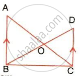 The image displays intersecting triangles sharing a central vertex O with parallel vertical segments AB and CD marked by directional arrows. It illustrates triangle similarity and proportional segment relationships.