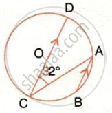 The image displays a circle with center $O$, parallel chords $CD$ and $AB$ marked with arrowheads, and an angle $\angle ACD = 32^\circ$. It illustrates circle geometry problems involving parallel lines, alternate interior angles, and angle relationships within a circle.