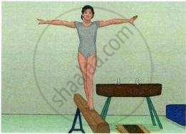 The image displays an educational illustration of a gymnast balancing on a balance beam with arms extended to the sides, with gymnastics equipment visible in the background.