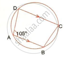 The image displays a circle with points $A$, $B$, $C$, and $D$ on the circumference forming an inscribed quadrilateral $ABCD$, parallel chords $DC$ and $AB$ marked with arrowheads, and an interior angle measuring $105^\circ$.