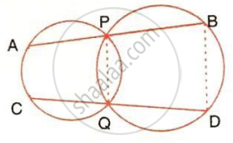 The image displays two intersecting circles with common intersection points $P$ and $Q$, parallel secant lines passing through points $A, P, B$ and $C, Q, D$, and a dashed common chord $PQ$.