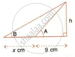 The image displays a geometric problem setup featuring two right-angled triangles sharing a vertical height of $h$, a right angle at the bottom-right corner, angles of elevation denoted by $B$ and $A$, and horizontal baseline segments of length $x\text{ cm}$ and $9\text{ cm}$.