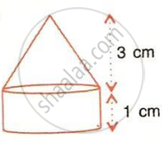 The image displays a solid shape formed by a right circular cone mounted on a cylinder, with a cone height of $3\text{ cm}$ and a cylinder height of $1\text{ cm}$.