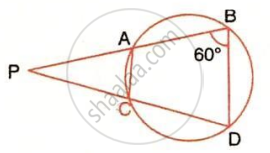 The image displays a circle with two secant line segments extending from an external point P through points A, B and C, D on the circle, along with an inscribed chord BD and an angle measurement of 60&deg; at vertex B.