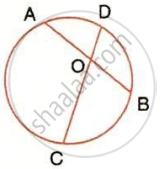 The image displays a circle with two intersecting chords, AB and CD, meeting at an interior point O.