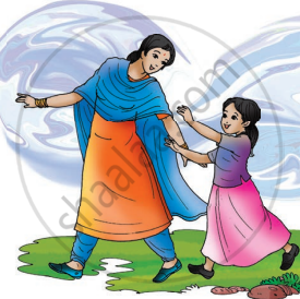 चित्र में एक माँ और बच्ची को साथ चलते हुए और एक-दूसरे का हाथ पकड़े हुए दिखाया गया है।