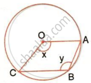 A circle with centre O, points A, B, and C on the circumference, segments forming rhombus OABC, and angles labeled x and y.