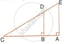 The image displays two nested right-angled triangles, CBD and CAE, sharing a common acute angle at vertex C. It features right-angle symbols at points B and A to illustrate triangle similarity and proportional side relationships.