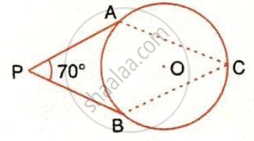 The image displays a circle with center $O$, an external point $P$ with tangent segments touching the circle at points $A$ and $B$, an angle measuring $70^\circ$ at vertex $P$, and dashed line segments connecting points $A$ and $B$ to a point $C$ on the circumference.