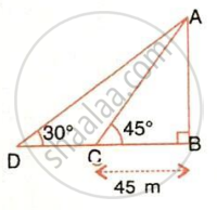 The image displays a geometric problem setup featuring two right-angled triangles sharing a vertical height at vertex $B$, with a right angle at vertex $B$, an angle of elevation of $45^{\circ}$ at vertex $C$, an angle of elevation of $30^{\circ}$ at vertex $D$, and a horizontal base segment $CB$ of length $45\text{ m}$.