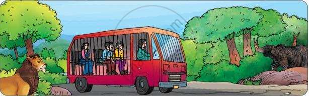 चित्र में पर्यटक सफारी वाहन में बैठकर जंगल में शेर को देखते हुए दिखाई दे रहे हैं।