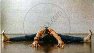 The image displays a photograph of a person performing a wide-legged seated forward bend flexibility exercise on a wooden floor against a neutral wall.