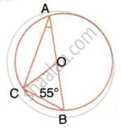 The image displays a circle with a diameter AB passing through the center O, point C on the circumference, radii, and an angle of $55^\circ$. It illustrates circle geometry problems involving isosceles triangles formed by radii and inscribed angle relationships.