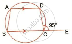 The image displays a circle with points $A$, $B$, $C$, and $D$ on the circumference forming an inscribed quadrilateral $ABCD$, parallel line segments $AD$ and $BC$ marked with arrowheads, a line extending from vertex $C$ to an external point $E$, and an exterior angle measuring $95^\circ$. It illustrates circle geometry problems involving parallel chords, cyclic quadrilaterals, exterior angles, and angle relationships within a circle.