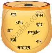 चित्र में एक घड़े पर शब्द लिखे हुए दिखाई दे रहे हैं, जैसे धर्म, राष्ट्र, संस्कृति, नाम आदि।