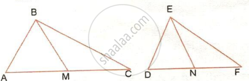 The image displays two triangles, ABC and DEF, positioned side-by-side, each featuring an interior line segment from a vertex to the base (BM and EN). It illustrates geometric configurations for analyzing triangle properties, similarity, or proportional relationships involving internal divisions.