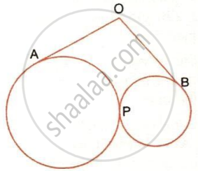 The image displays two circles touching externally at point P, with tangent line segments originating from an external point O and touching the respective circles at points A and B.