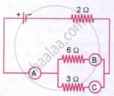 The figure shows a 2 Ω resistor connected in series with two parallel resistors of 6 Ω and 3 Ω. The equivalent resistance is 4 Ω, with ammeter A measuring total current and B and C measuring branch currents.
