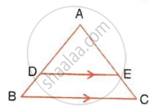 The image displays a triangle ABC with an internal segment DE parallel to the base BC, indicated by matching directional arrows. It illustrates the Basic Proportionality Theorem for analyzing segment ratios and triangle similarity.