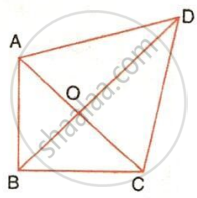The image displays a quadrilateral ABCD with intersecting diagonal line segments AC and BD meeting at a central point O. It outlines multiple adjacent and intersecting triangles sharing vertex O for geometric property analysis.