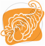 The image shows a stylized cornucopia filled with fruits and vegetables, symbolizing abundance and prosperity.