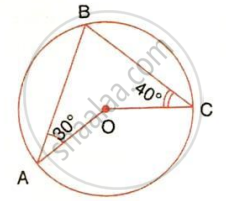The image displays a circle with center $O$, points $A$, $B$, and $C$ on the circumference, line segments connecting the center $O$ to points $A$ and $C$, chords $AB$ and $BC$, and interior angle measures of $30^\circ$ at vertex $A$ and $40^\circ$ at vertex $C$. It illustrates circle geometry problems involving radii properties, isosceles triangles, central angles, and inscribed angles within a circle.