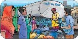 चित्र में लोग पानी के टैंकर से पानी भरते दिखाई दे रहे हैं।