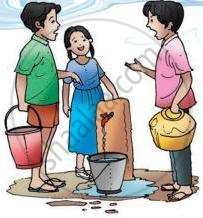 चित्र में तीन लोग पानी भरते हुए दिखाई दे रहे हैं और पास में पानी जमीन पर बहता हुआ दिख रहा है।