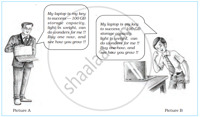 This illustration compares two different endorsers (Picture A: a businessman in a suit, and Picture B: a school student) delivering the exact same advertising pitch for a laptop.