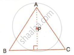 The image displays an isosceles triangle ABC with an internal dashed altitude from vertex A to the base BC, a right-angle marker, and a point P along the altitude. It illustrates altitude properties, symmetry, and median-altitude relationships in triangles.