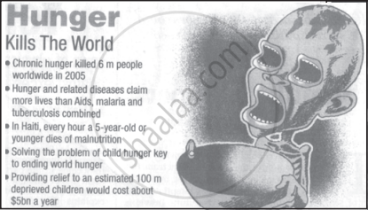 The file displays a news feature titled "Hunger Kills The World" highlighting global malnutrition statistics and child hunger crises.