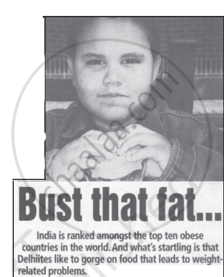 The file illustrates a news feature headlined "Bust that fat..." discussing India's ranking among obese countries and urban dietary concerns