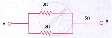 The figure shows 3 Ω and 6 Ω resistors connected in parallel, with a 5 Ω resistor connected in series between A and B. The equivalent resistance is 7 Ω.