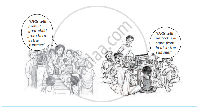 Face-to-face Interaction versus Media Transmission," contrasts a healthcare worker speaking directly to rural villagers on the left with a group listening to the same message via a radio on the right.