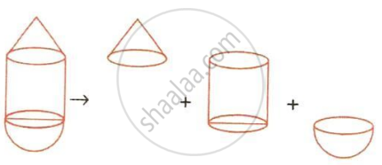 The image displays a composite solid figure decomposed into its individual component shapes consisting of a right circular cone, a right circular cylinder, and a hemisphere.