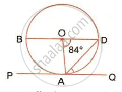 The image displays a circle with center O, a horizontal diameter segment BOD, a tangent line PQ touching the circle at point A, radius segment OA, chord AD, and an angle measurement of 84&deg; at the center vertex O.