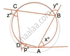 A circle with points A, B, C, and D forming an inscribed quadrilateral, with exterior angles labeled x, y, z, and p.