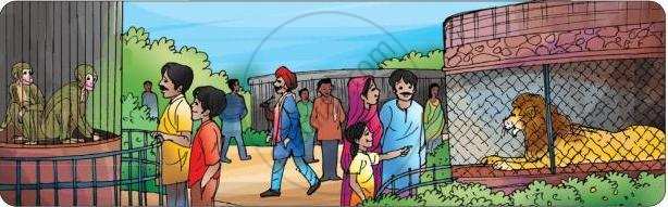 1. चित्र में लोग चिड़ियाघर में पिंजरों में बंद जानवरों, विशेषकर शेर, को देखते हुए दिखाई दे रहे हैं।