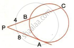 The image displays a circle with a tangent line segment PA of length 8 touching the circle at point A, and a secant line segment extending from point P through points B and C with external segment PB = 4.
