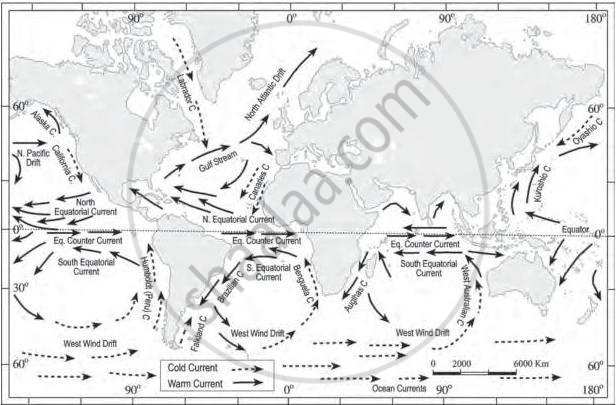 A global map illustrating major ocean currents across the world's oceans, distinguishing between warm currents (indicated by solid arrows) and cold currents (indicated by dashed arrows).