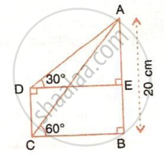 The image displays a geometric problem setup featuring a total vertical height of $20\text{ cm}$ along $AB$, right angles at vertices $B, D,$ and $E$, a horizontal dashed line segment $DE$, an angle of elevation of $30^{\circ}$ at vertex $D$, and an angle of elevation of $60^{\circ}$ at vertex $C$.